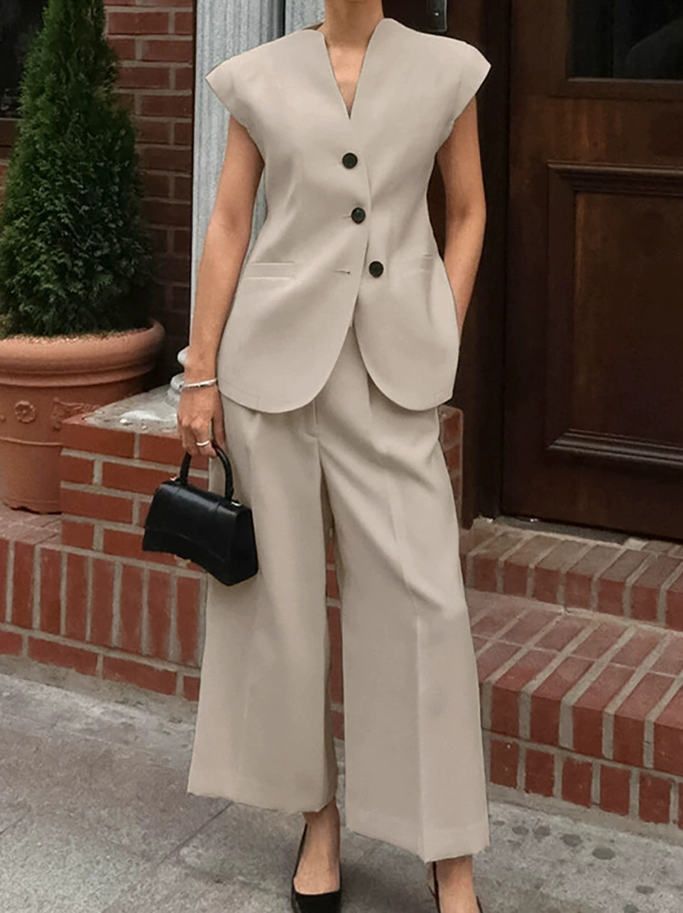 ZARA Retro Fashion Casual Set Spring Summer Women Vest Wide Leg Pants Commuter